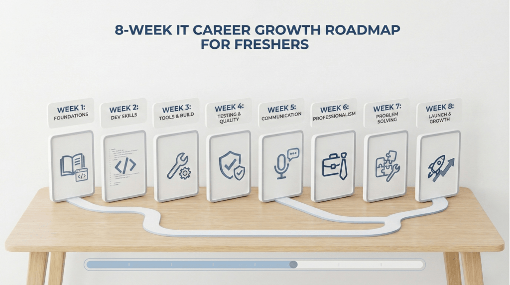 8-week roadmap for Career Growth in IT with fundamentals, projects, and interview readiness