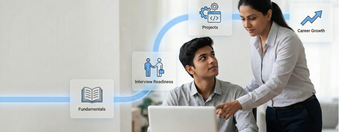 Career Growth in IT roadmap for freshers showing learning, projects, and mentorship