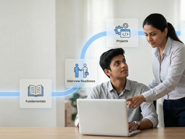 Career Growth in IT roadmap for freshers showing learning, projects, and mentorship