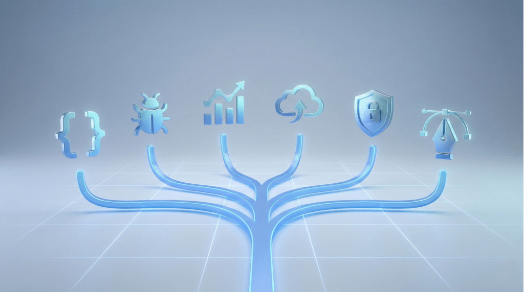 Realistic IT career path branches for freshers: developer, QA, data, cloud, security, UI/UX